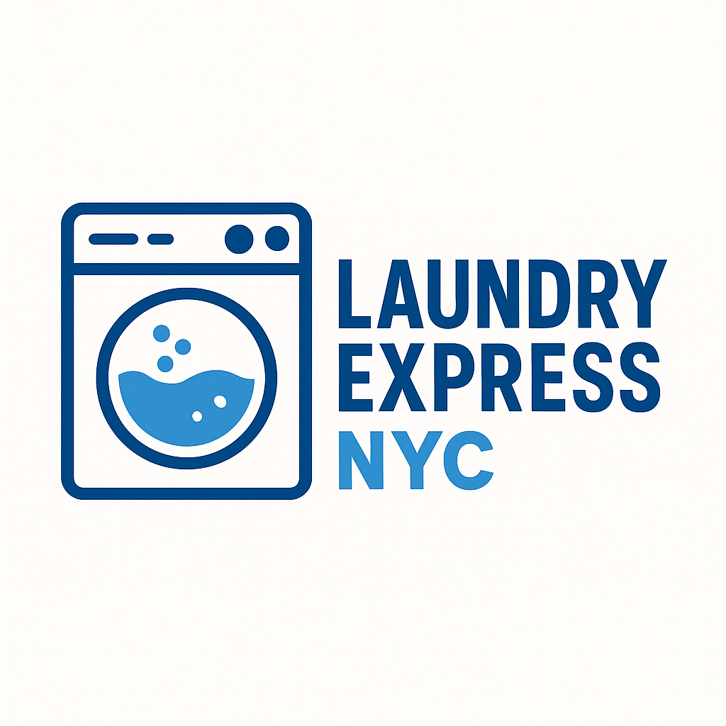 Laundry Express NYC logo featuring a stylized washing machine icon with water and bubbles, alongside bold blue text that reads “Laundry Express NYC.”